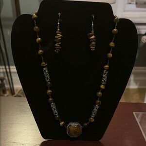 Stylish Brown Stone and Beaded Necklace and Earring Set with silver accents